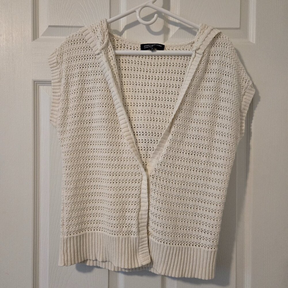 Jones New York Hooded Cap Sleeve Mesh Knit White Cotton Women's Cardigan Size XL